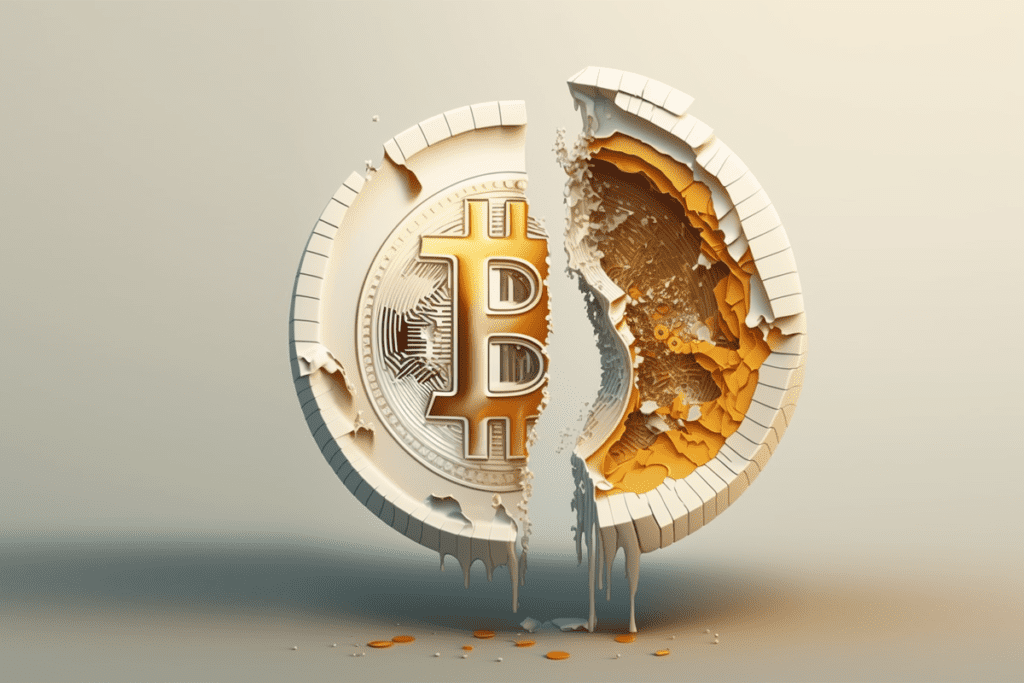 A bitcoin cut in half , illustrating the bitcoin halving