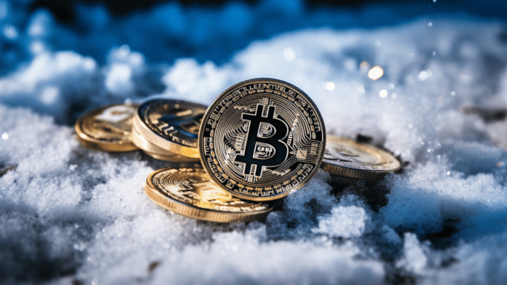 An illustration of Bitcoin on the Snow as a sign of crypto winter